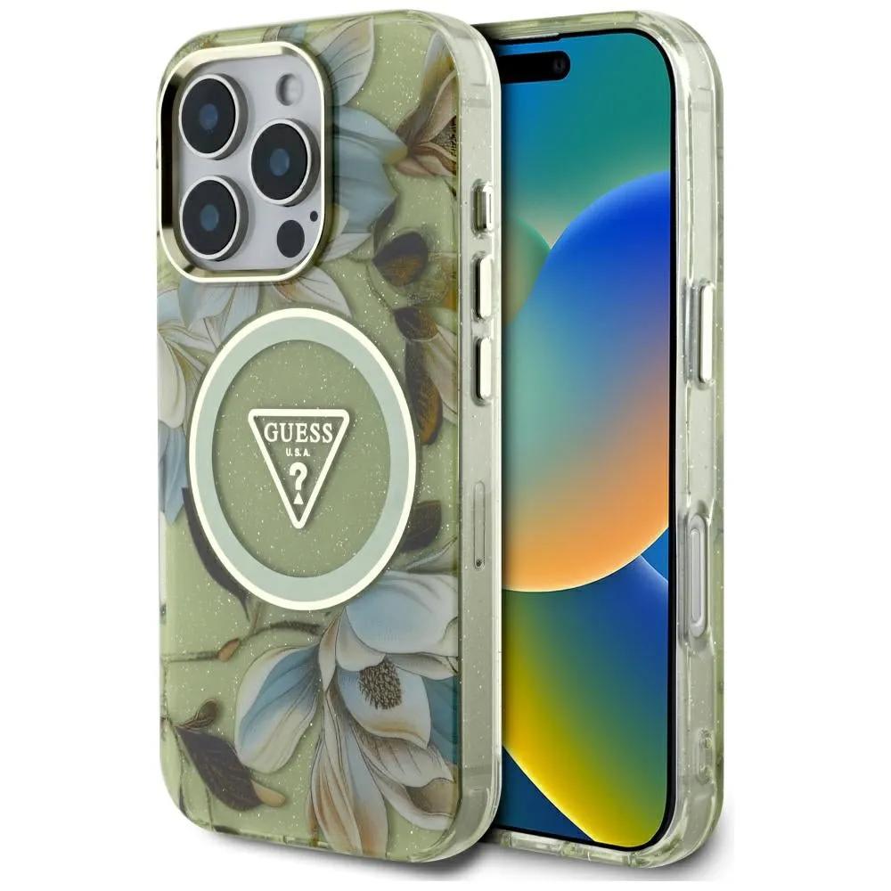Custodia MagSafe per Apple iPhone 16 Pro Max, Guess, IML Metal Glitter Flowers Triangle, Verde - immagine 1