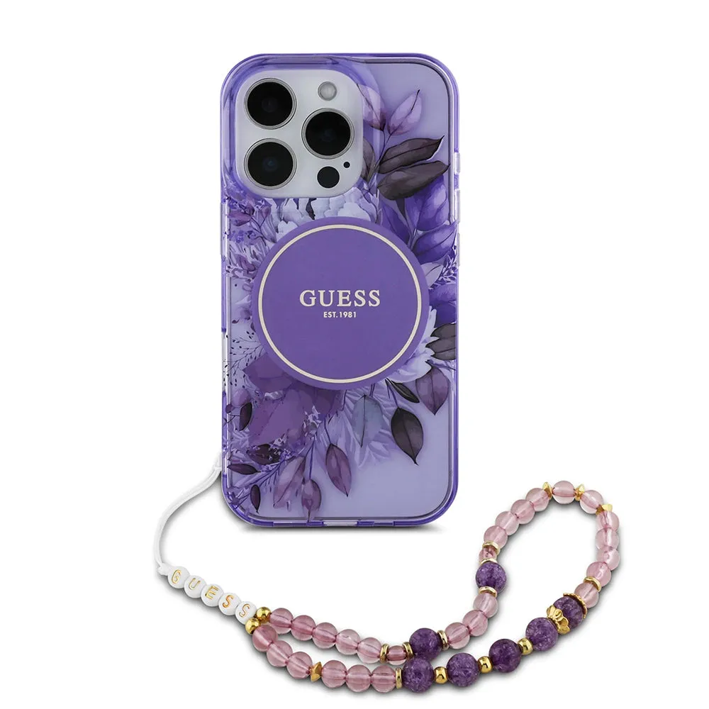Custodia MagSafe per Apple iPhone 16 Pro Max, Guess, IML Flowers with Pearl Strap, Viola - immagine 1