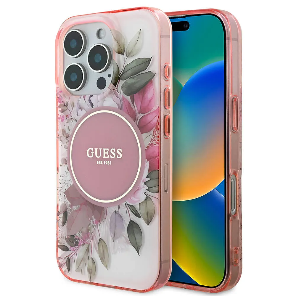 Custodia MagSafe per Apple iPhone 16 Pro Max, Guess, IML Flower & Tonal Circle, Rosa - immagine 1