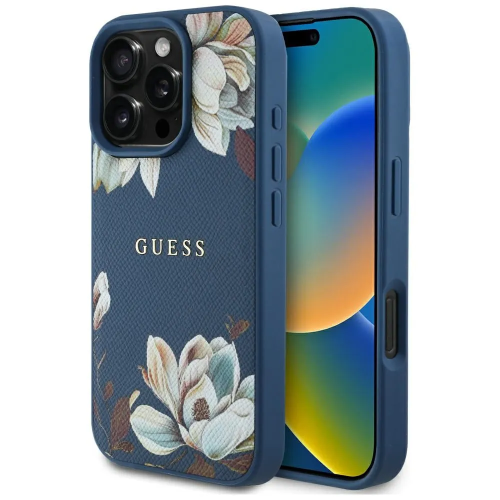 Custodia MagSafe per Apple iPhone 16 Pro Max, Guess, Grained Flowers, Blu - immagine 1