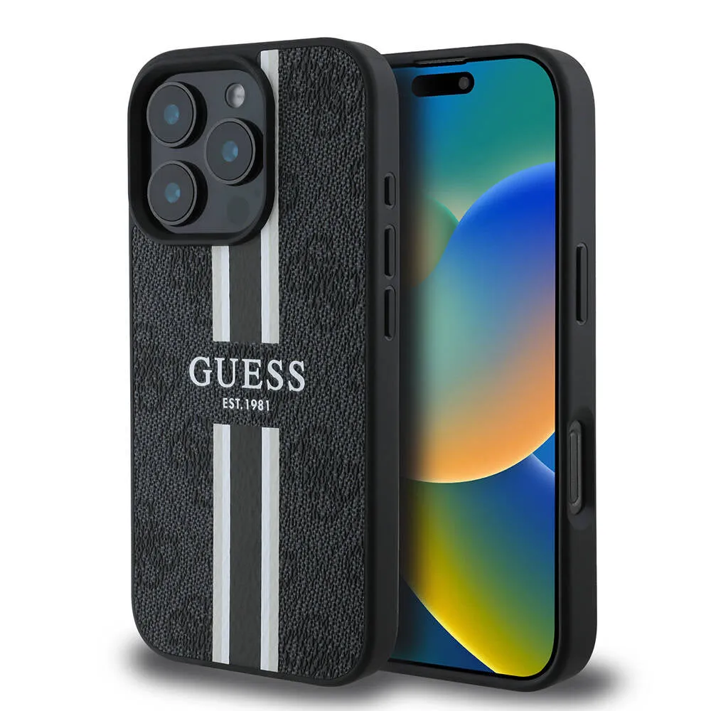 Custodia MagSafe per Apple iPhone 16 Pro Max, Guess, 4G Printed Stripes, Nera - immagine 1