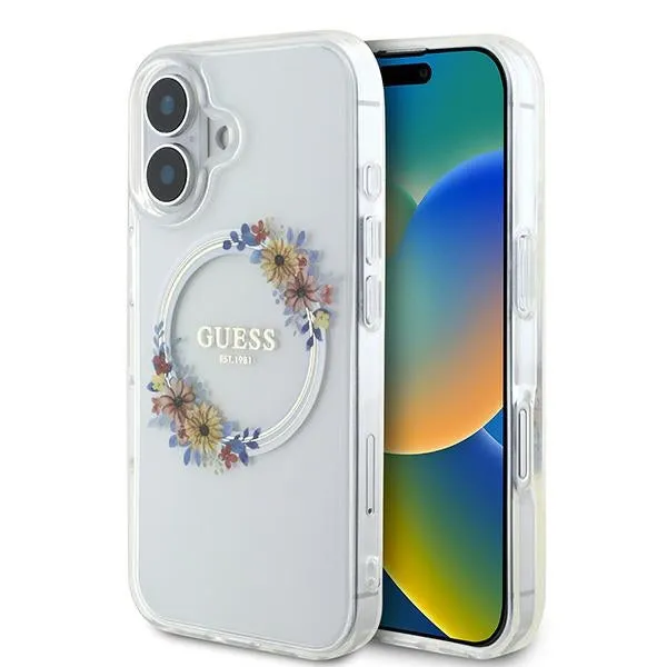 Custodia MagSafe per Apple iPhone 16 Plus, Guess, IML Flowers Wreath, Trasparente - immagine 1