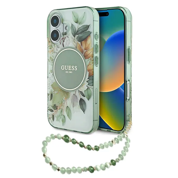Custodia MagSafe per Apple iPhone 16 Plus, Guess, IML Flowers with Pearl Strap, Verde - immagine 1