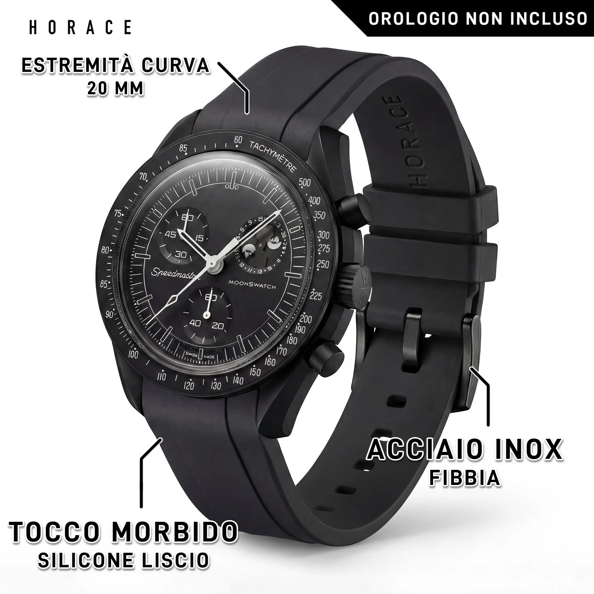 HORACE Cinturino universale per orologio in silicone liquido 20mm – Compatibile Omega x Swatch MoonSwatch – Kit di montaggio incluso (Nero/Nero) - immagine 2