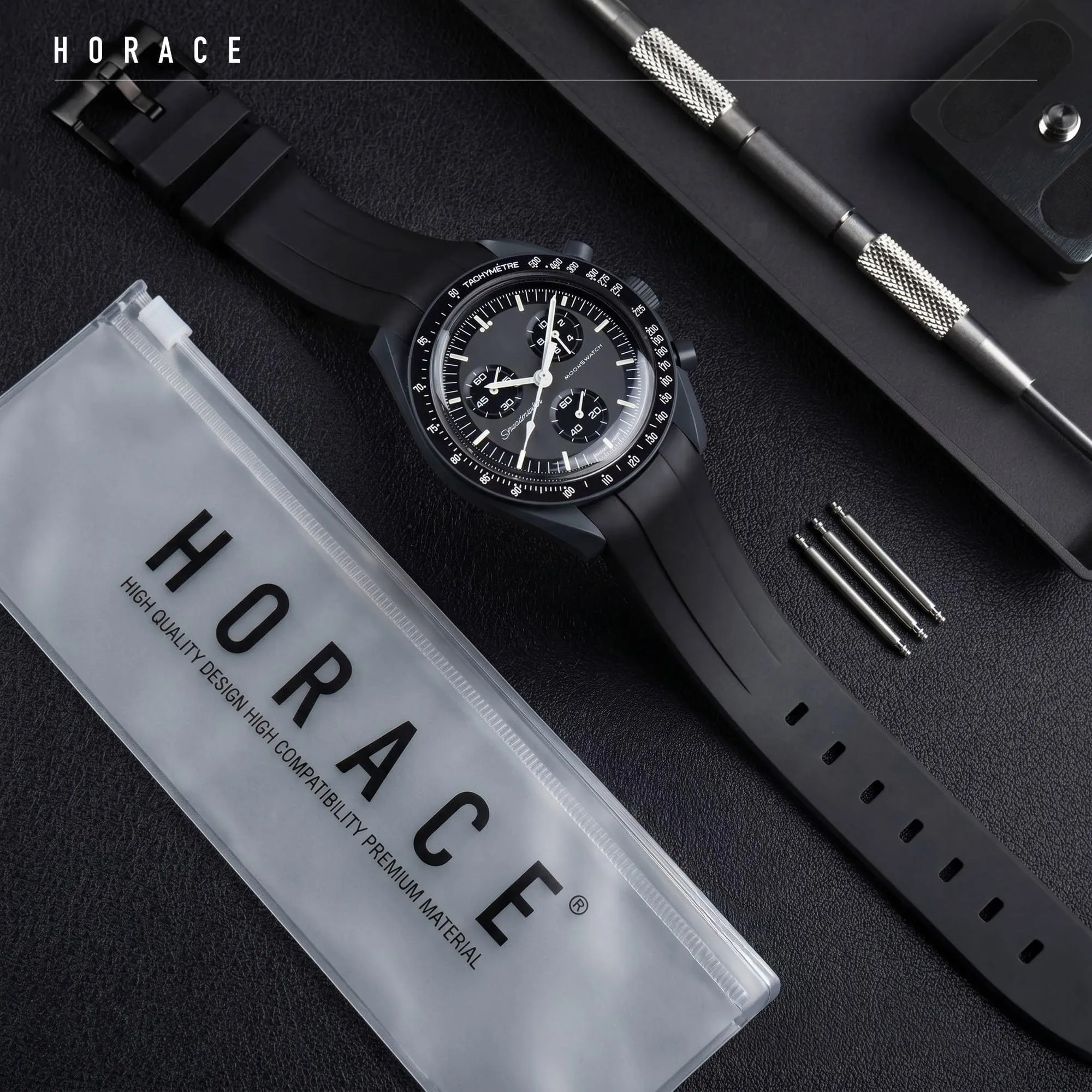 HORACE Cinturino universale per orologio in silicone liquido 20mm – Compatibile Omega x Swatch MoonSwatch – Kit di montaggio incluso (Nero/Nero) - immagine 3