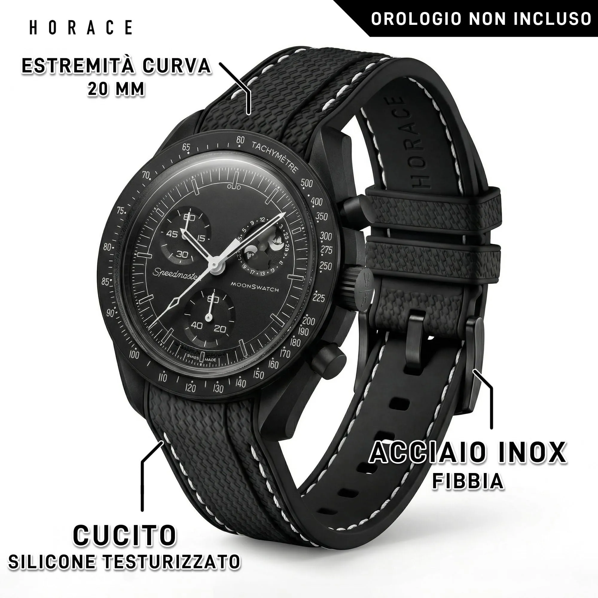 HORACE Cinturino universale per orologio in silicone liquido 20mm – Compatibile Omega x Swatch MoonSwatch – Kit di montaggio incluso (Nero/Cuciture Bianche) - immagine 2