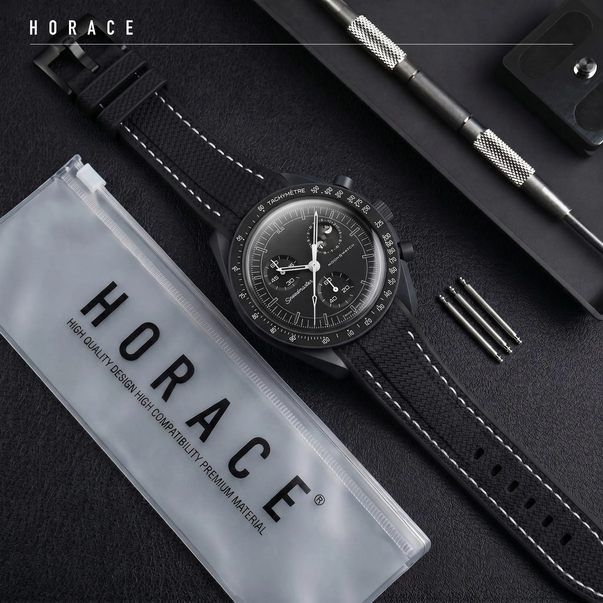 HORACE Cinturino universale per orologio in silicone liquido 20mm – Compatibile Omega x Swatch MoonSwatch – Kit di montaggio incluso (Nero/Cuciture Bianche) - immagine 3