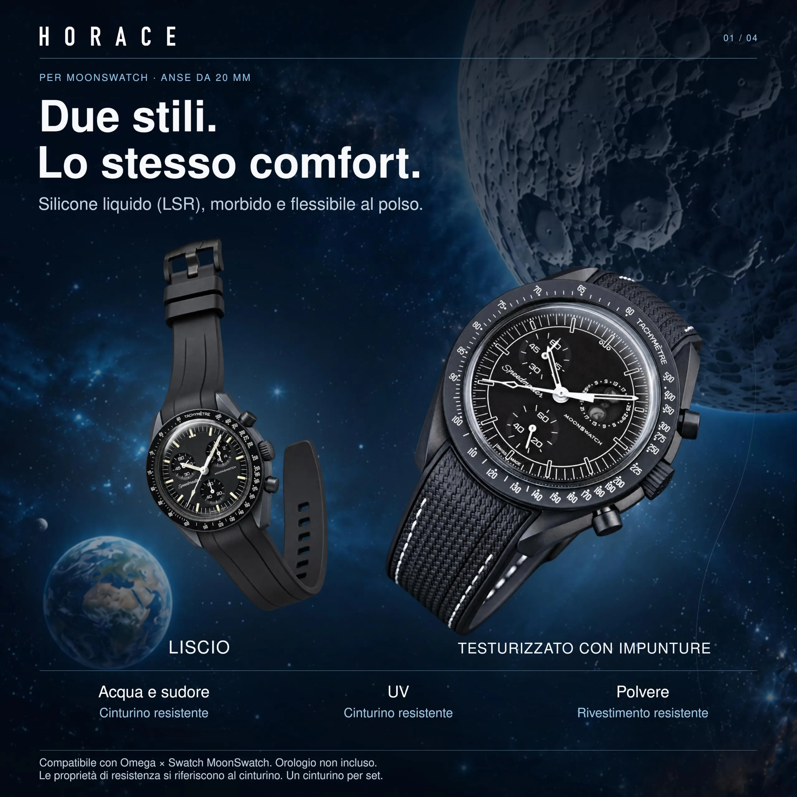 HORACE Cinturino universale per orologio in silicone liquido 20mm – Compatibile Omega x Swatch MoonSwatch – Kit di montaggio incluso (Nero/Cuciture Bianche) - immagine 5