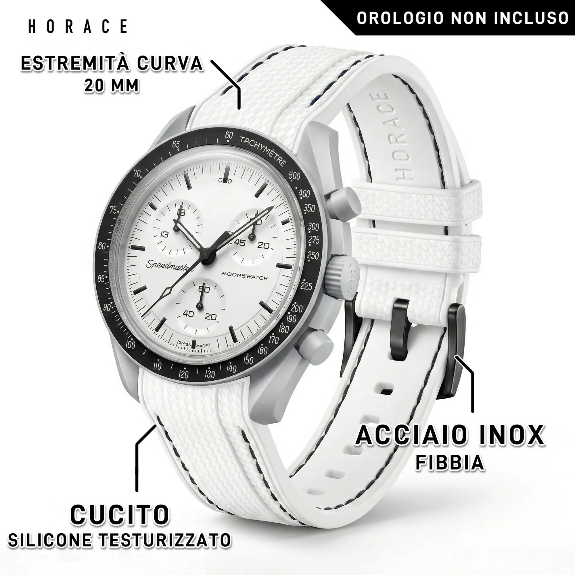 HORACE Cinturino universale per orologio in silicone liquido 20mm – Compatibile Omega x Swatch MoonSwatch – Kit di montaggio incluso (Bianco/Cuciture Nere) - immagine 2