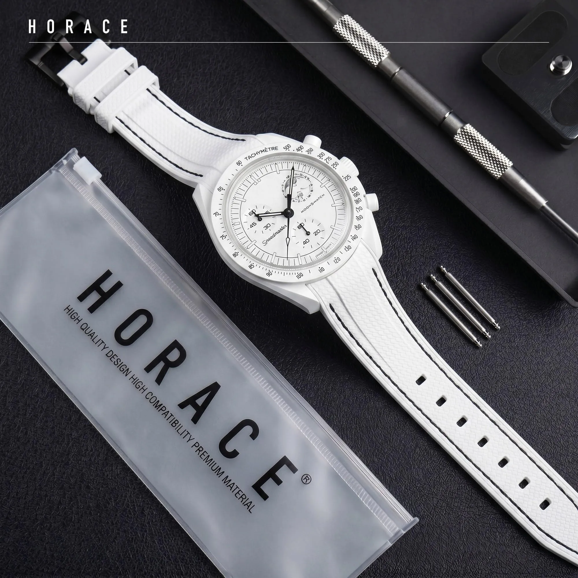 HORACE Cinturino universale per orologio in silicone liquido 20mm – Compatibile Omega x Swatch MoonSwatch – Kit di montaggio incluso (Bianco/Cuciture Nere) - immagine 3