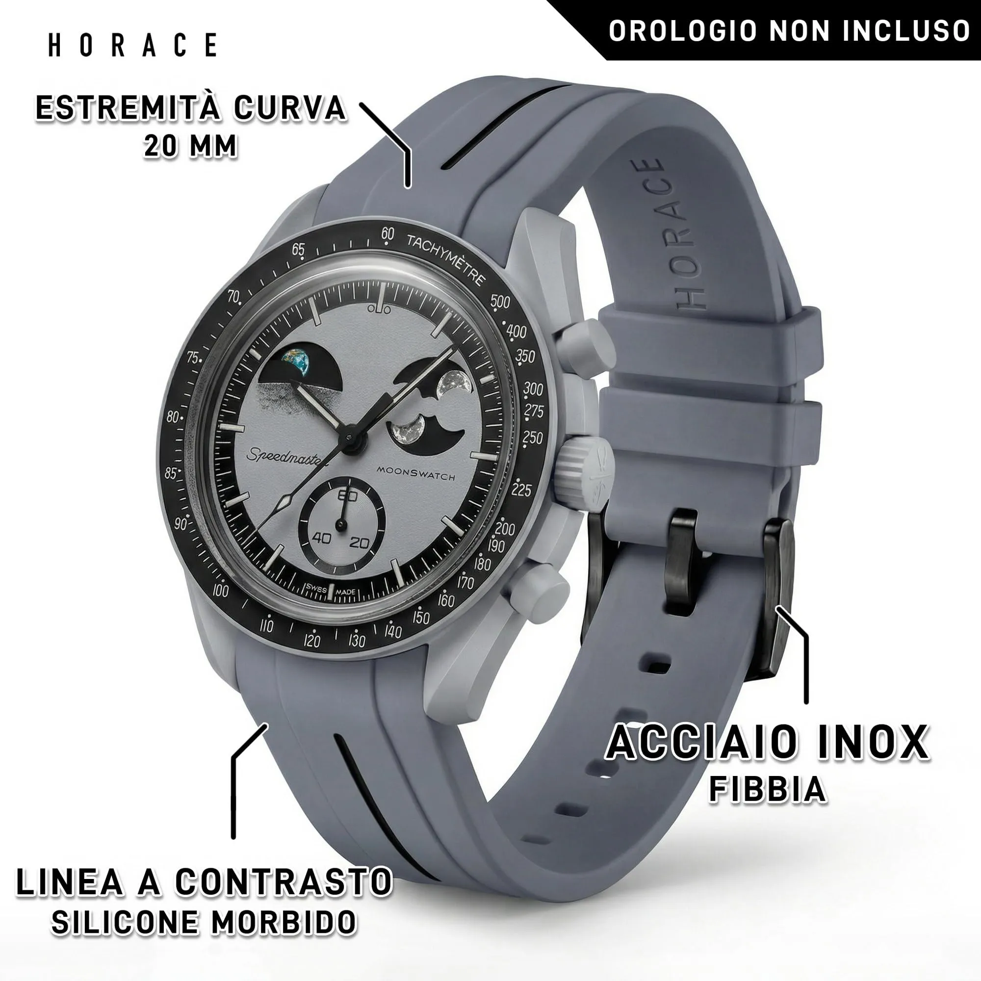 HORACE Cinturino universale per orologio in silicone liquido 20mm – Compatibile Omega x Swatch MoonSwatch – Kit di montaggio incluso (Grigio/Linea Nera) - immagine 2