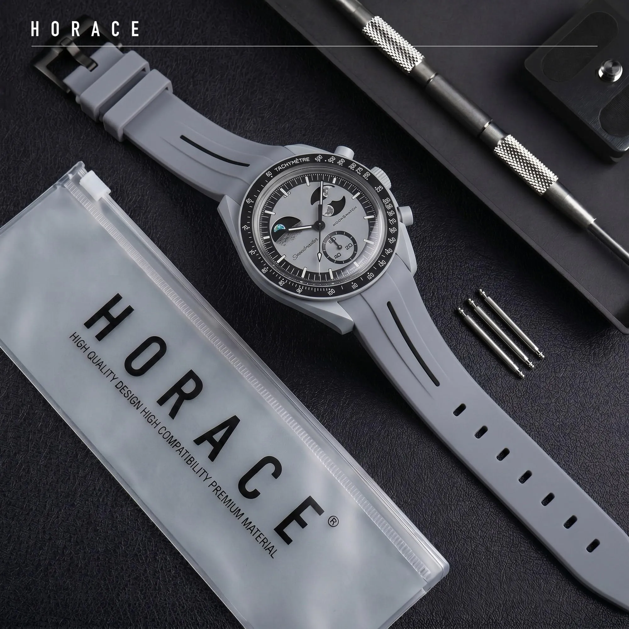 HORACE Cinturino universale per orologio in silicone liquido 20mm – Compatibile Omega x Swatch MoonSwatch – Kit di montaggio incluso (Grigio/Linea Nera) - immagine 3