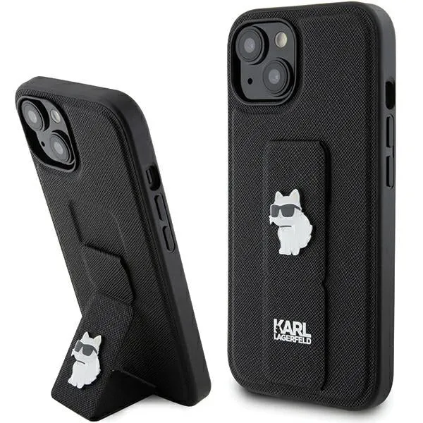 Custodia MagSafe per Apple iPhone 15, Karl Lagerfeld, Saffiano Gripstand Choupette, Nera - immagine 1