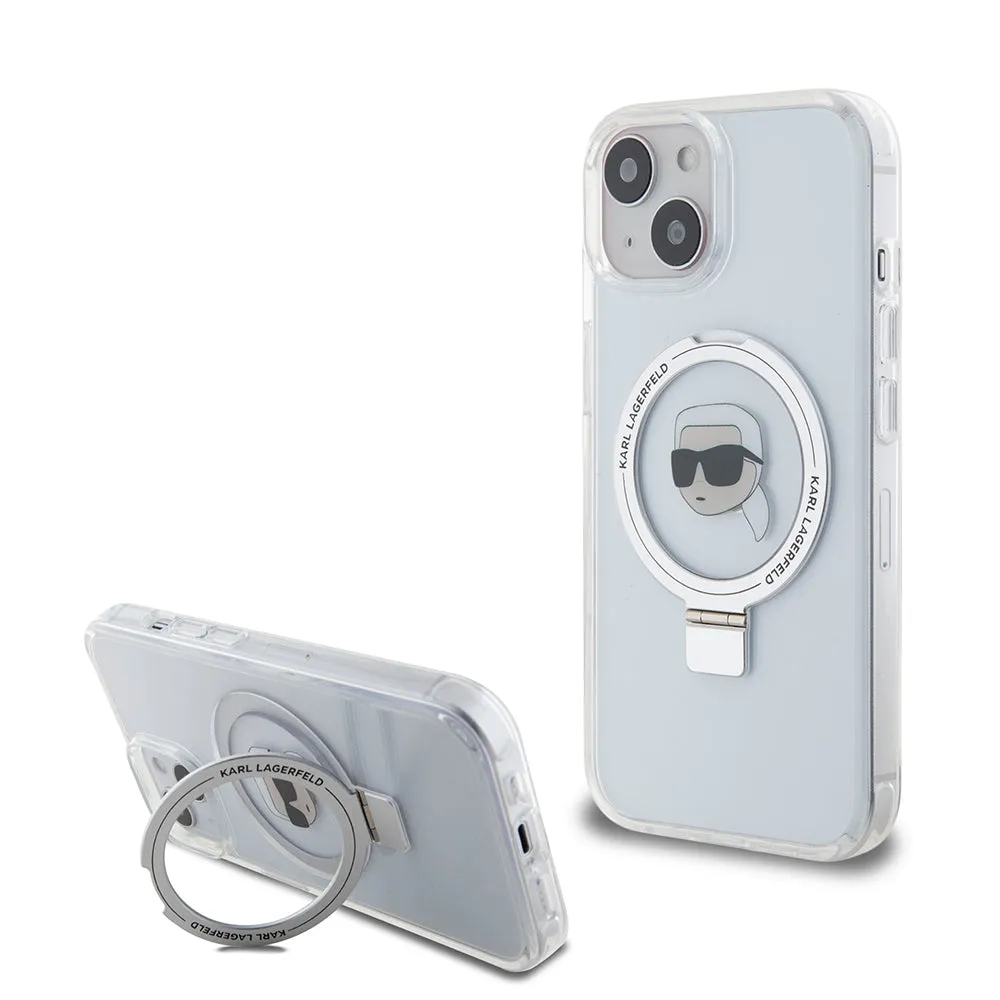 Custodia MagSafe per Apple iPhone 15, Karl Lagerfeld, Ring Stand Karl's Head, Bianca - immagine 1