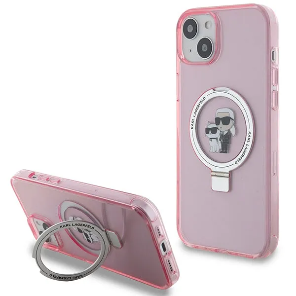 Custodia MagSafe per Apple iPhone 15, Karl Lagerfeld, Ring Stand Karl & Choupette, Rosa - immagine 1