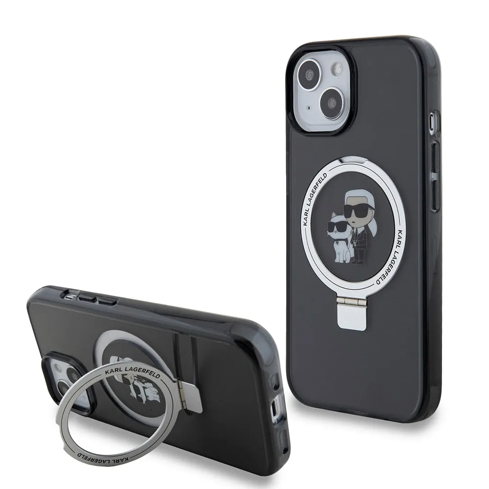 Custodia MagSafe per Apple iPhone 15, Karl Lagerfeld, Ring Stand Karl & Choupette, Nera - immagine 1