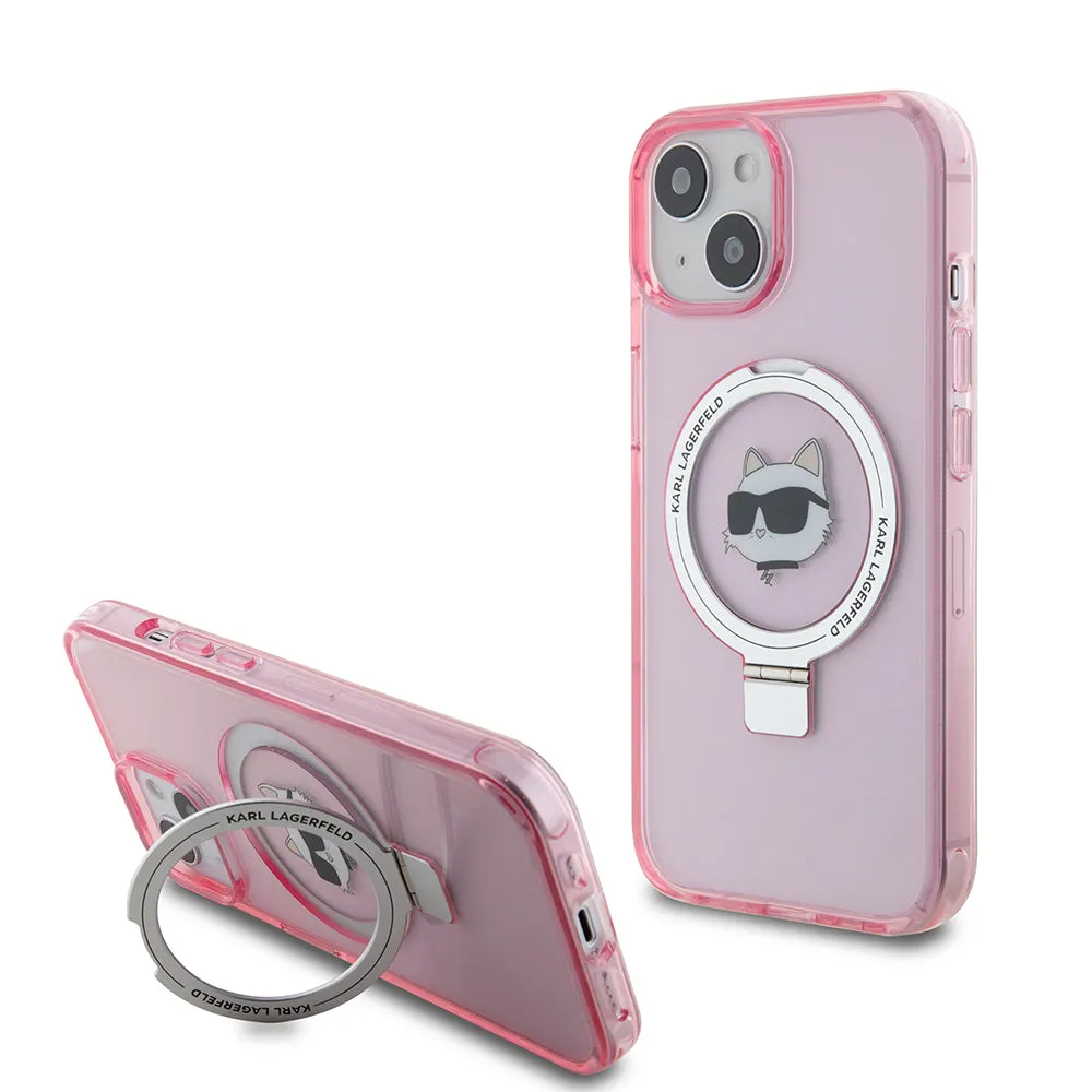 Custodia MagSafe per Apple iPhone 15, Karl Lagerfeld, Ring Stand Choupette's Head, Rosa - immagine 1
