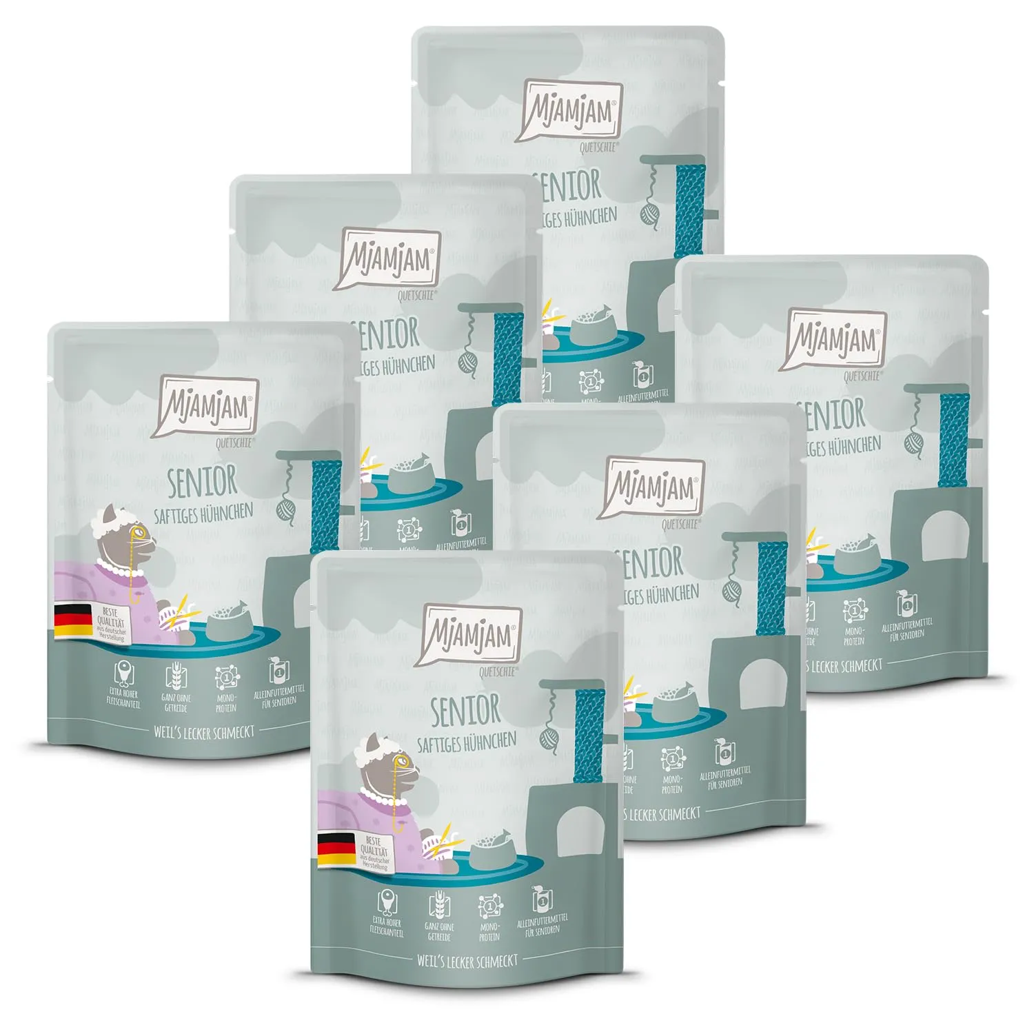 MjAMjAM - Cibo umido Premium per gatti - Quetschie - Senior - pollo succoso, confezione da 6 (6x300g), senza cereali - immagine 1