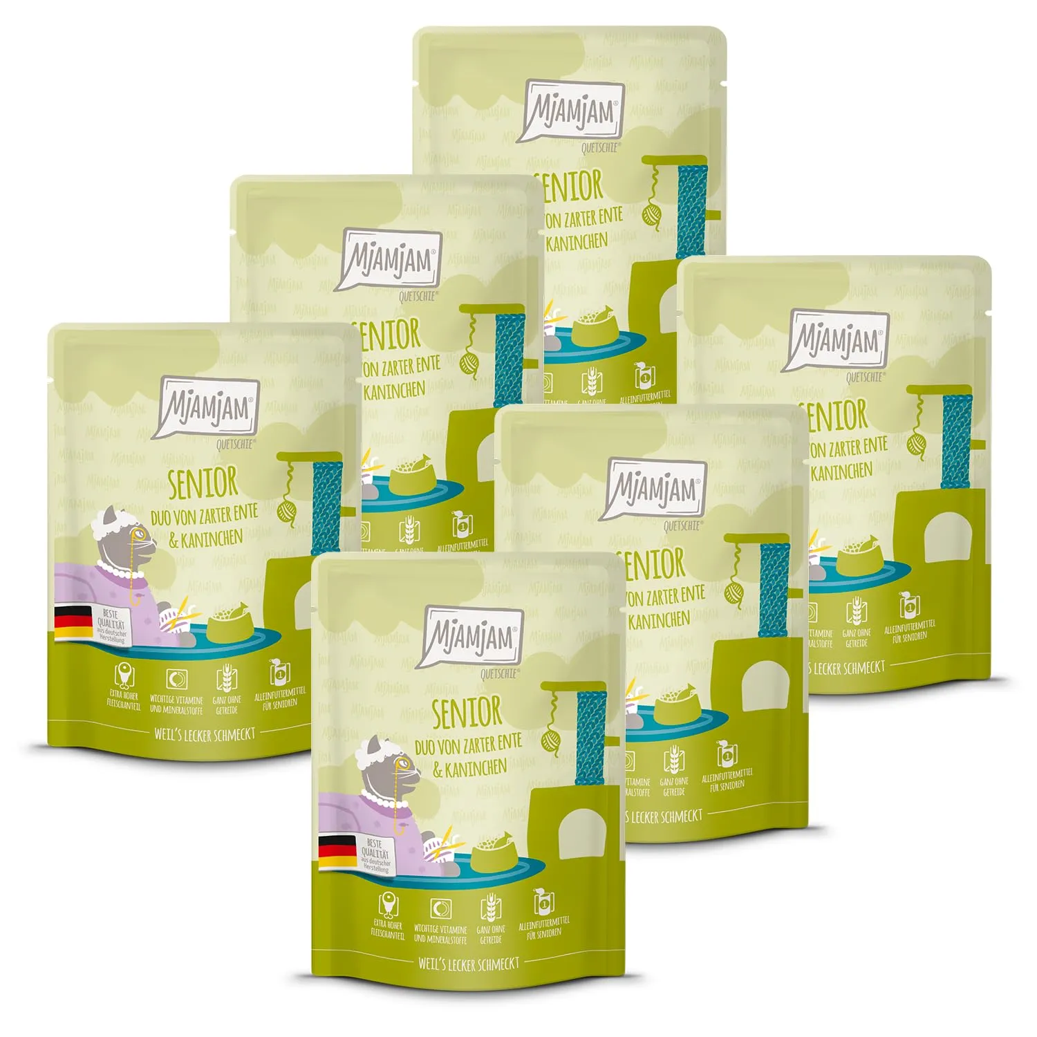 MjAMjAM - Cibo umido premium per gatti - Quetschie - Senior - DUO di anatra e coniglio, confezione da 6 (6x300g), senza cereali - immagine 1