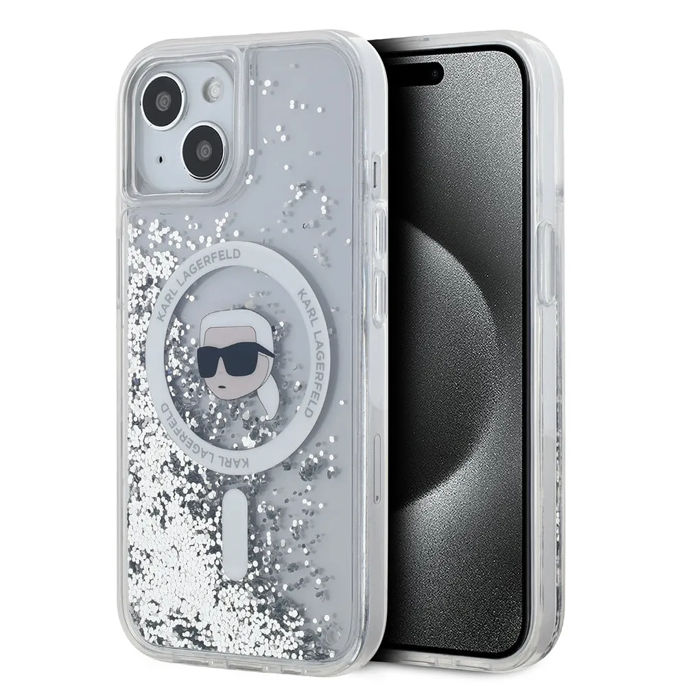 Custodia MagSafe per Apple iPhone 15, Karl Lagerfeld, Liquid Glitter Karl's Head, Trasparente - immagine 1