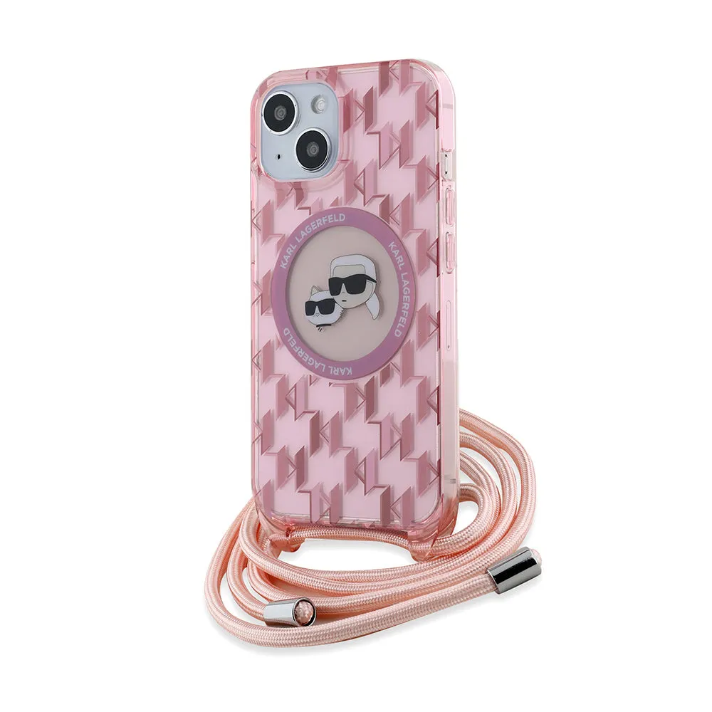 Custodia MagSafe per Apple iPhone 15, Karl Lagerfeld, IML Crossbody Monogramma Karl & Choupette's Heads, Rosa - immagine 1