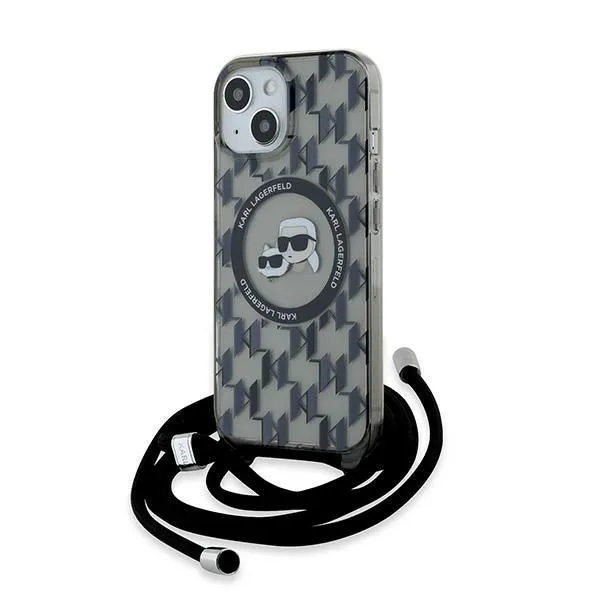 Custodia MagSafe per Apple iPhone 15, Karl Lagerfeld, IML Crossbody Monogram Karl & Choupette's Heads, Nera - immagine 1