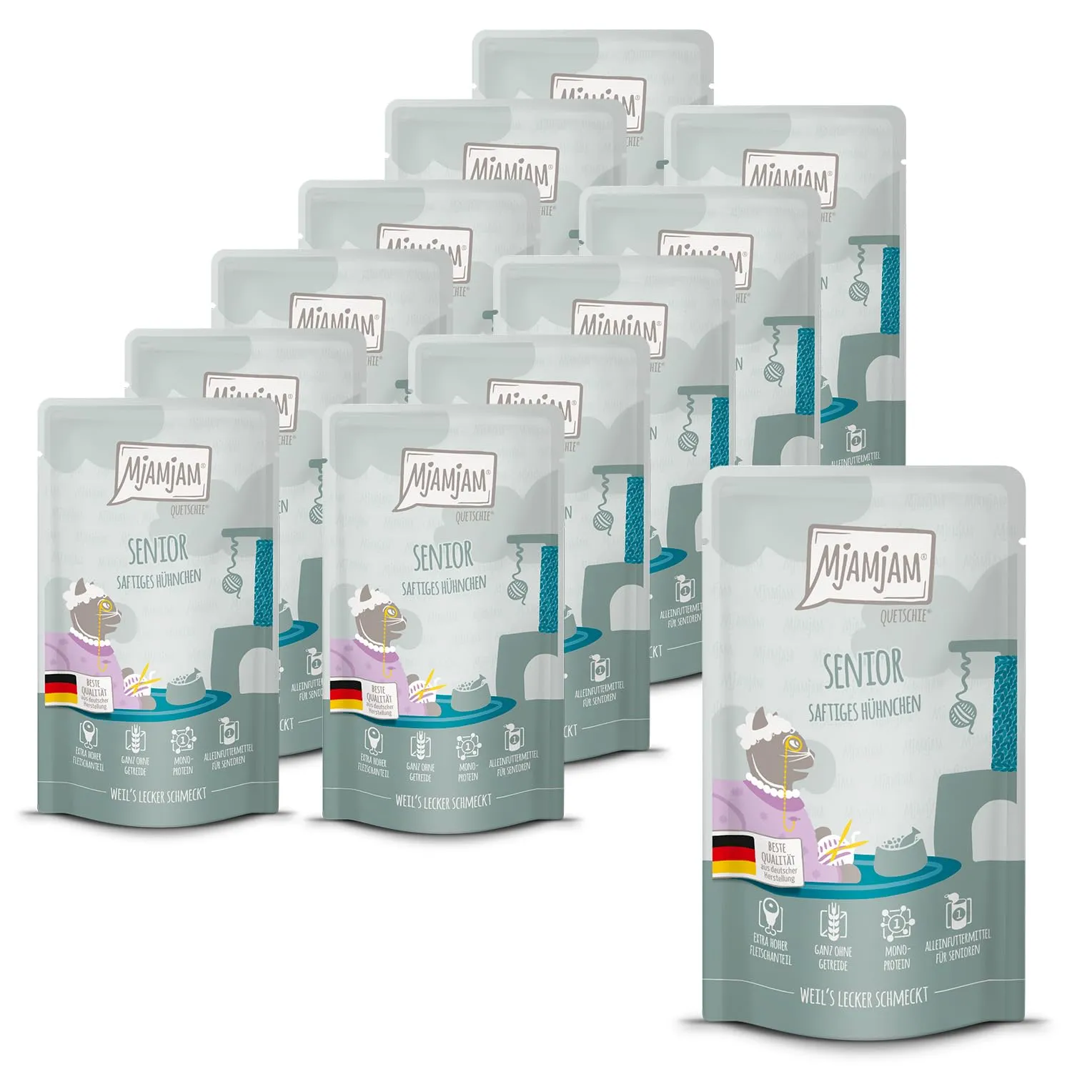 MjAMjAM - Cibo umido Premium per gatti - Quetschie - Senior - Pollo succoso, confezione da 12 (12x125g), senza cereali - immagine 1