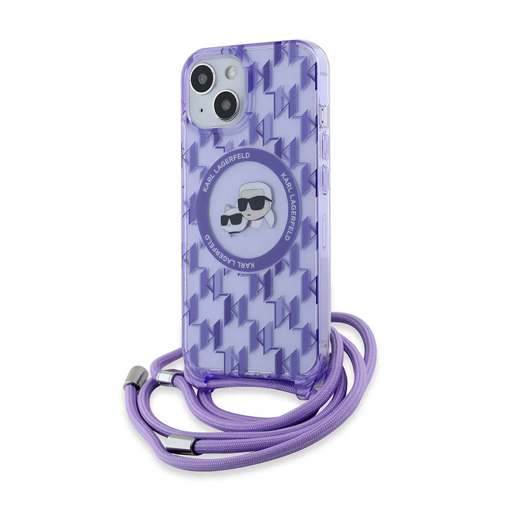 Custodia MagSafe per Apple iPhone 15, Karl Lagerfeld, IML Crossbody Monogramma Karl & Choupette's Heads, Viola - immagine 1