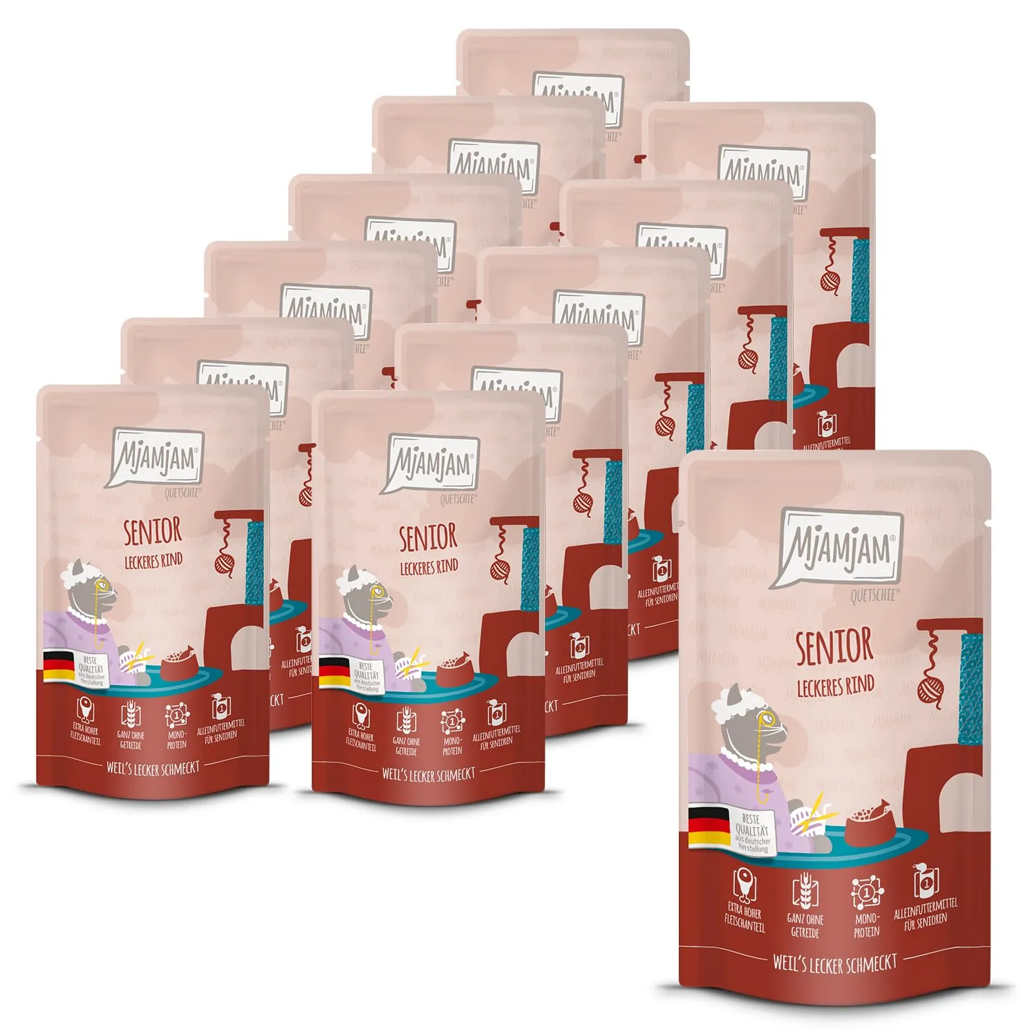 MjAMjAM - Cibo umido Premium per gatti - Quetschie - Senior - Manzo delizioso, confezione da 12 (12x125g), senza cereali - immagine 1