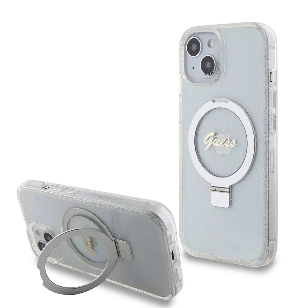 Custodia MagSafe per Apple iPhone 15, Guess, Ring Stand Script Glitter, Trasparente - immagine 1