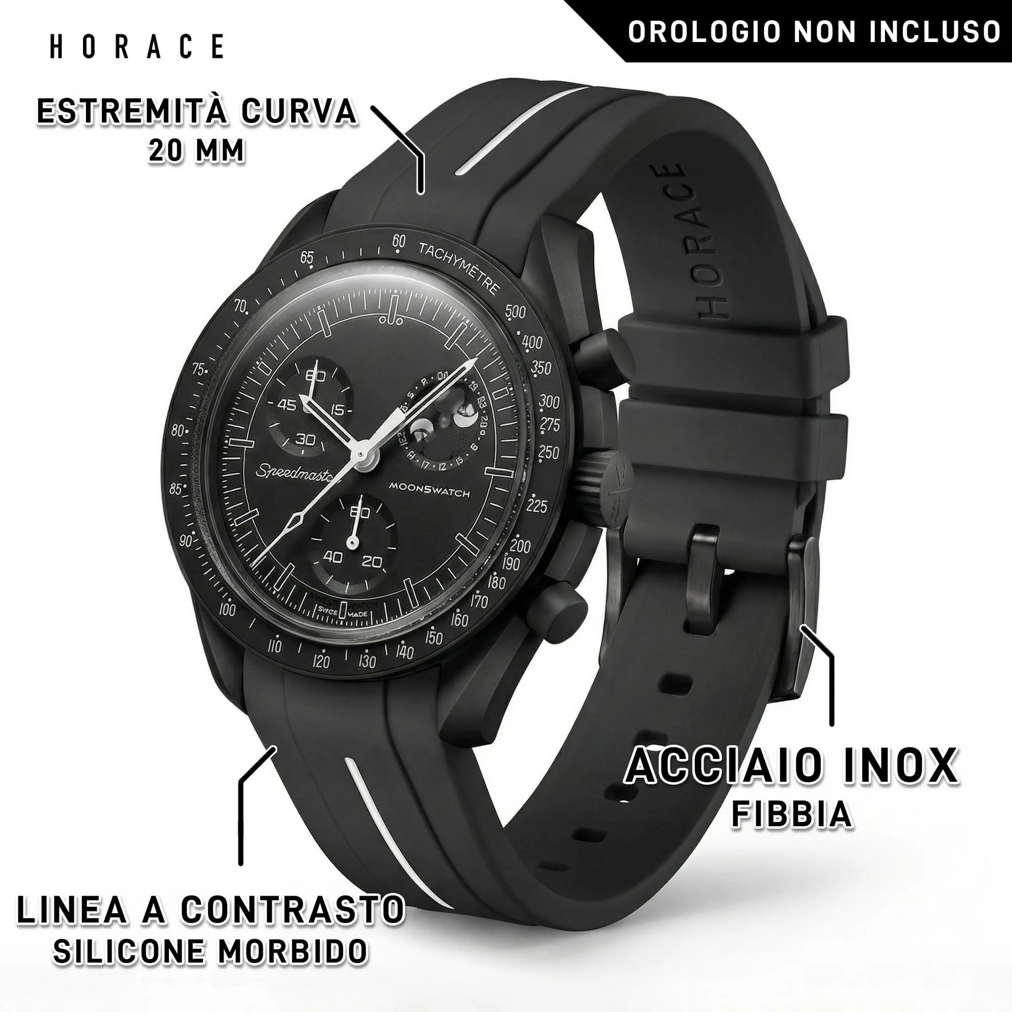 HORACE Cinturino universale per orologio in silicone liquido 20mm – Compatibile Omega x Swatch MoonSwatch – Kit di montaggio incluso (Nero/Linea Bianca) - immagine 2