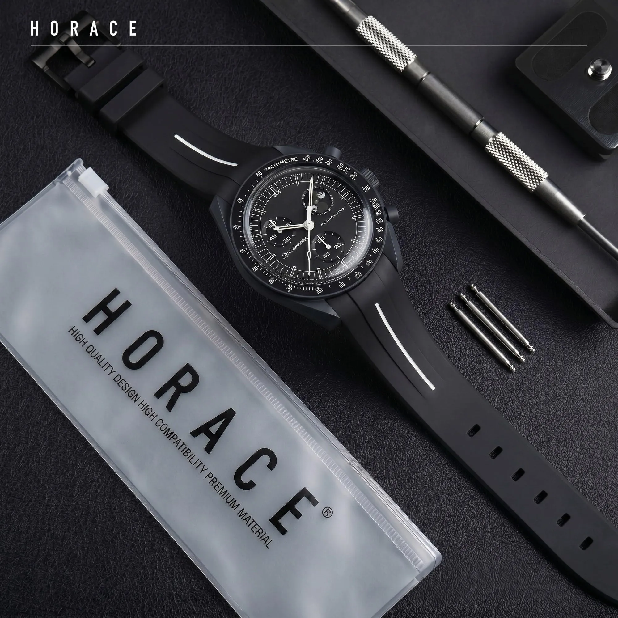 HORACE Cinturino universale per orologio in silicone liquido 20mm – Compatibile Omega x Swatch MoonSwatch – Kit di montaggio incluso (Nero/Linea Bianca) - immagine 3