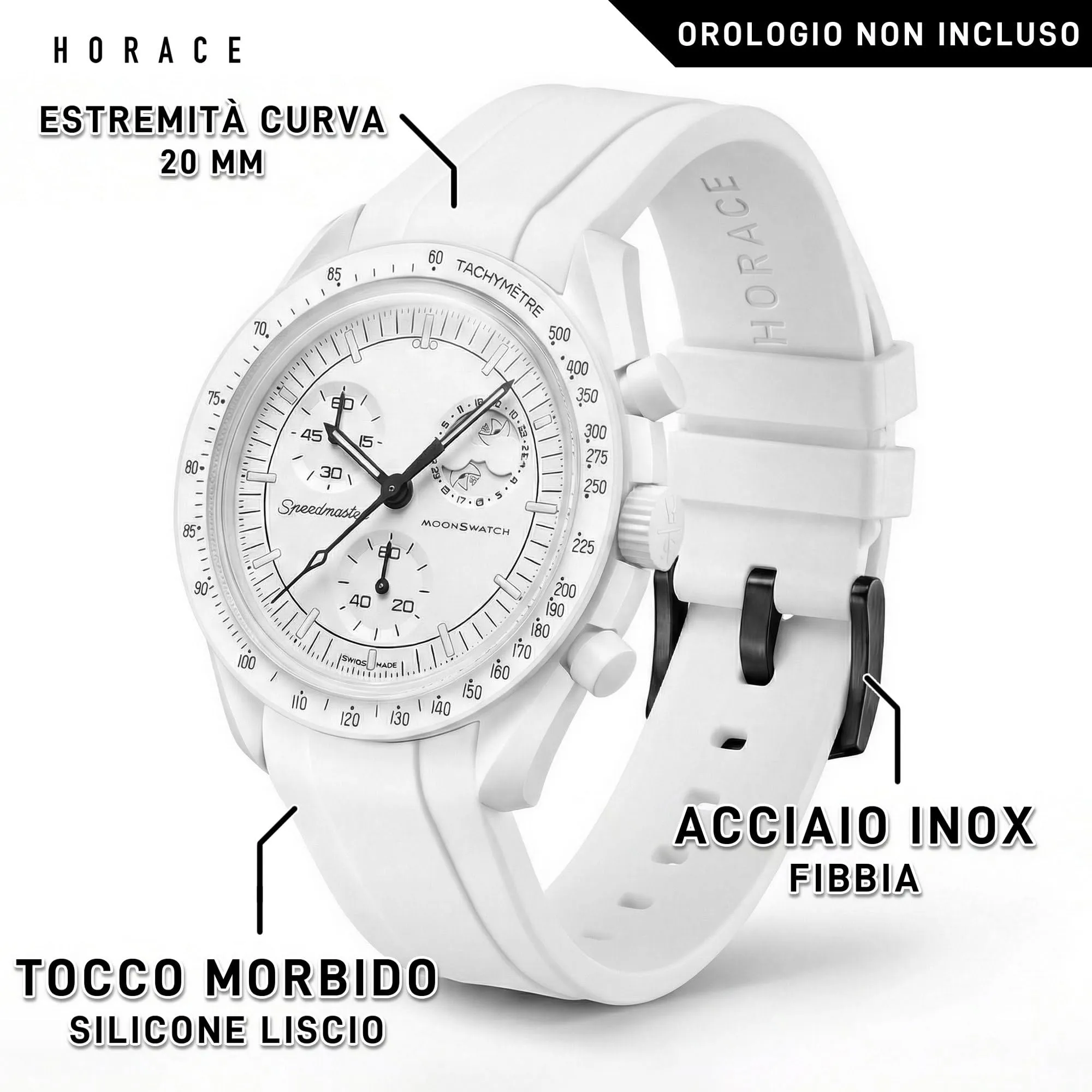HORACE Cinturino universale per orologio in silicone liquido 20mm – Compatibile Omega x Swatch MoonSwatch – Kit di montaggio incluso (Bianco/Nero) - immagine 2