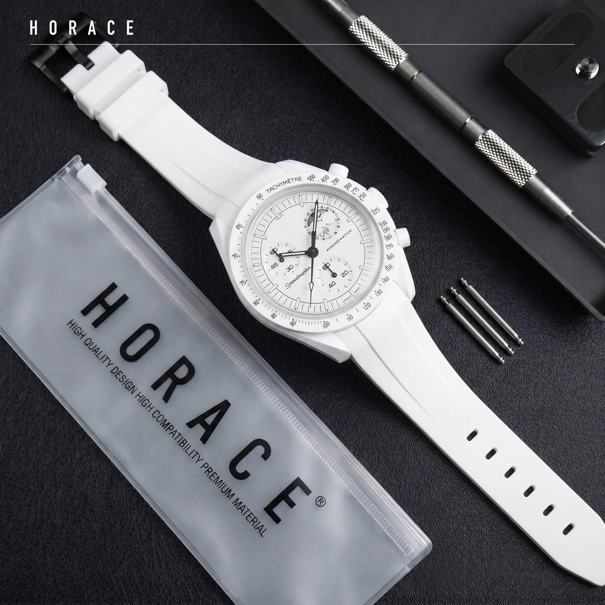HORACE Cinturino universale per orologio in silicone liquido 20mm – Compatibile Omega x Swatch MoonSwatch – Kit di montaggio incluso (Bianco/Nero) - immagine 3