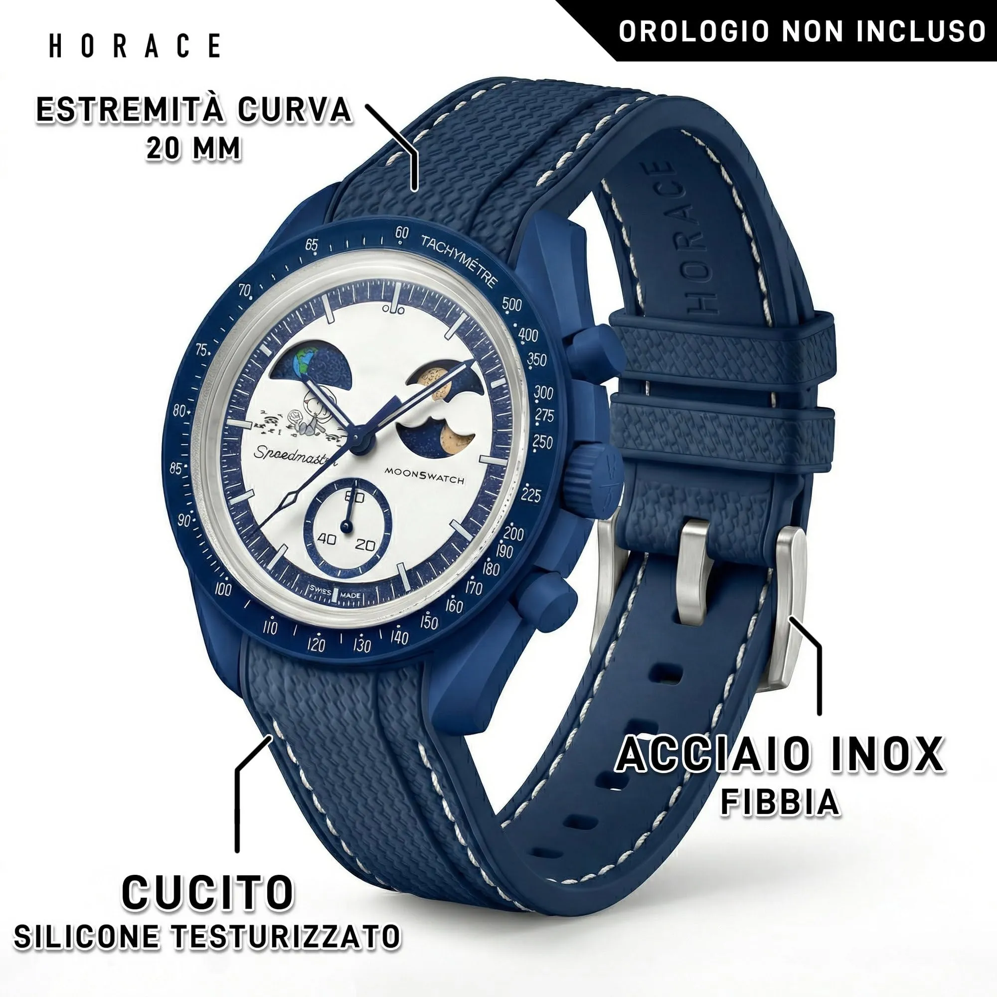 HORACE Cinturino universale per orologio in silicone liquido 20mm – Compatibile Omega x Swatch MoonSwatch – Kit di montaggio incluso (Blu/Cuciture Bianche) - immagine 2
