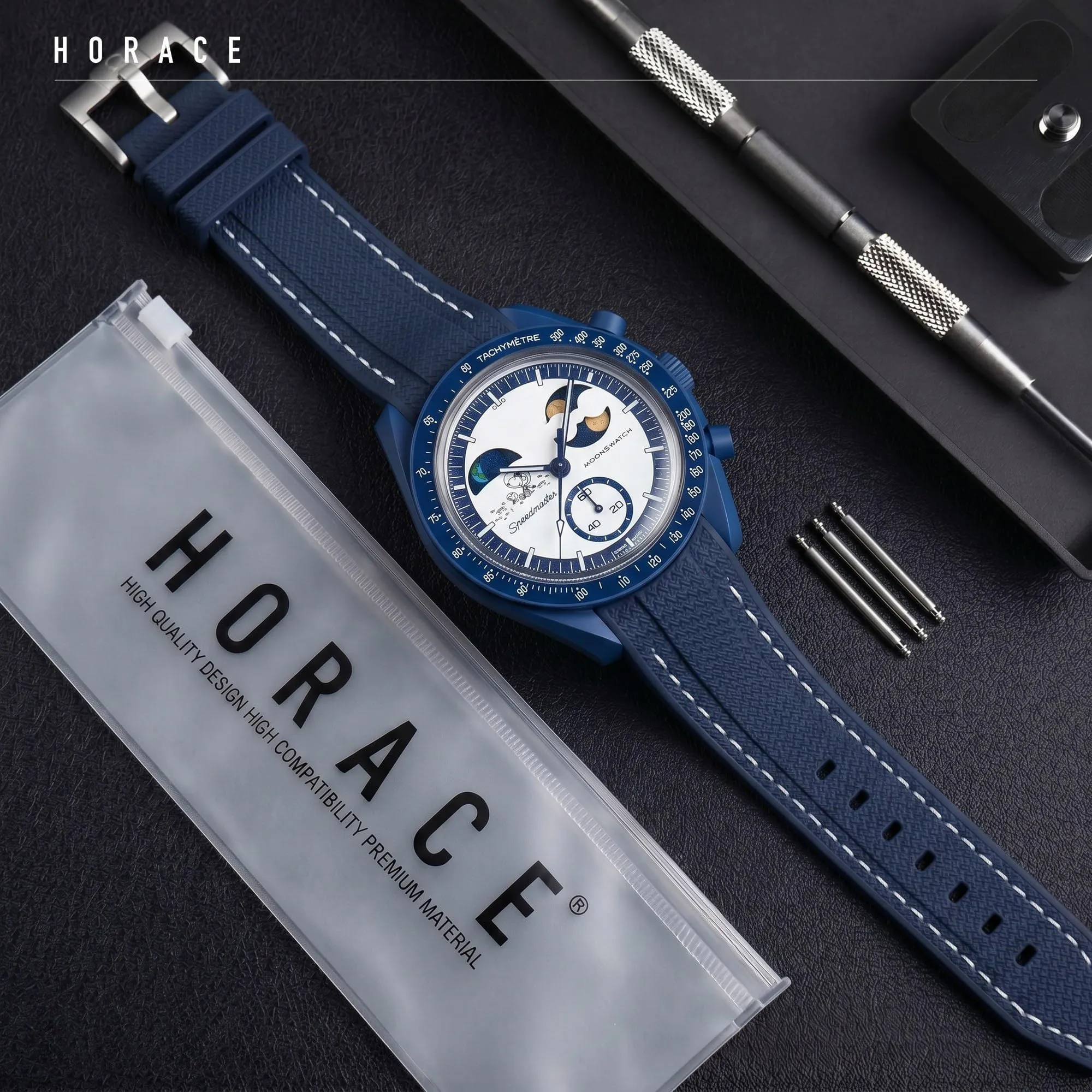HORACE Cinturino universale per orologio in silicone liquido 20mm – Compatibile Omega x Swatch MoonSwatch – Kit di montaggio incluso (Blu/Cuciture Bianche) - immagine 3