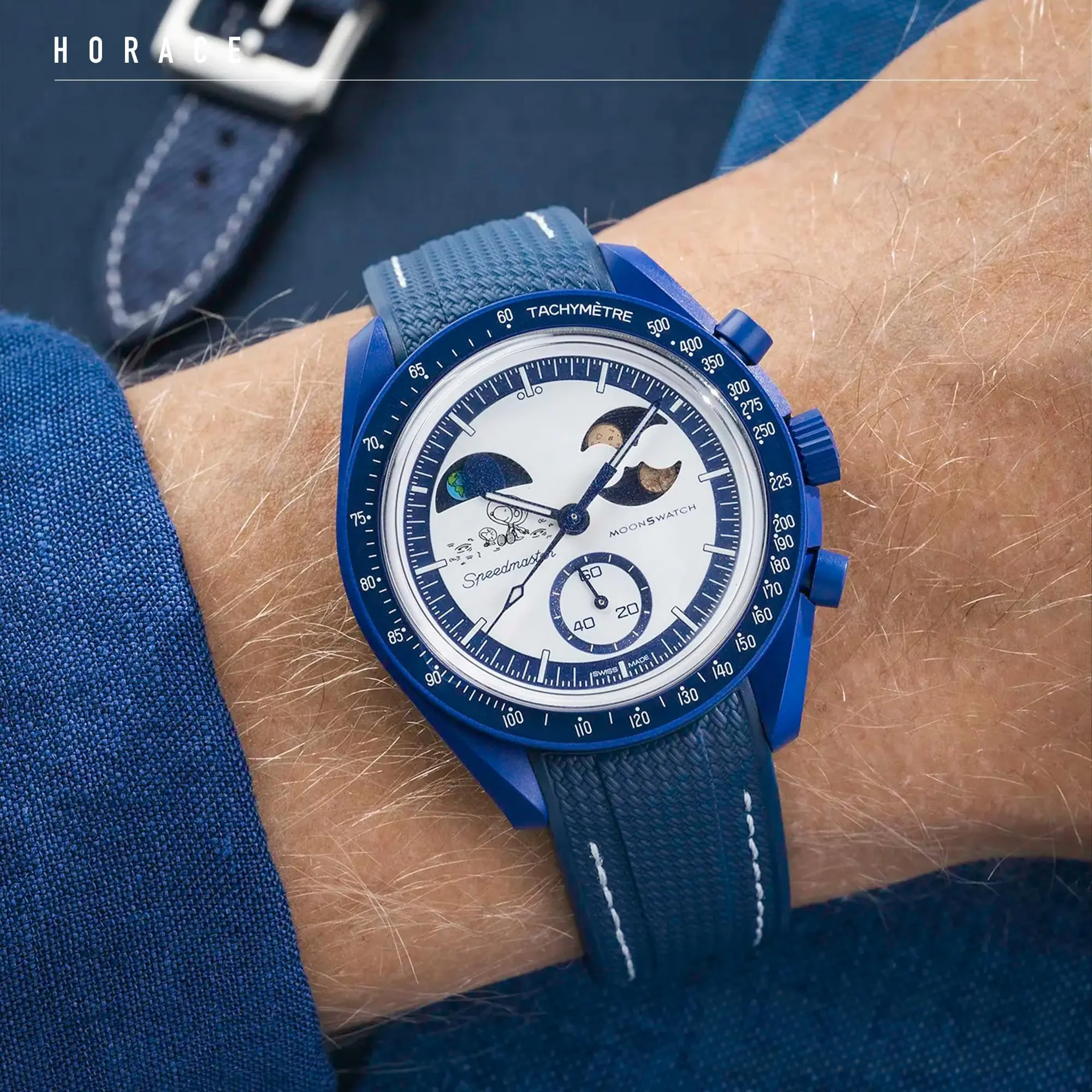 HORACE Cinturino universale per orologio in silicone liquido 20mm – Compatibile Omega x Swatch MoonSwatch – Kit di montaggio incluso (Blu/Cuciture Bianche) - immagine 4