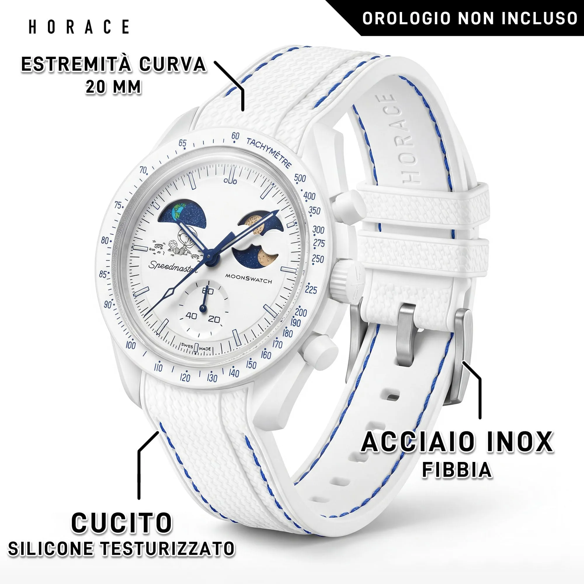 HORACE Cinturino universale per orologio in silicone liquido 20mm – Compatibile Omega x Swatch MoonSwatch – Kit di montaggio incluso (Bianco/Cuciture Blu) - immagine 2