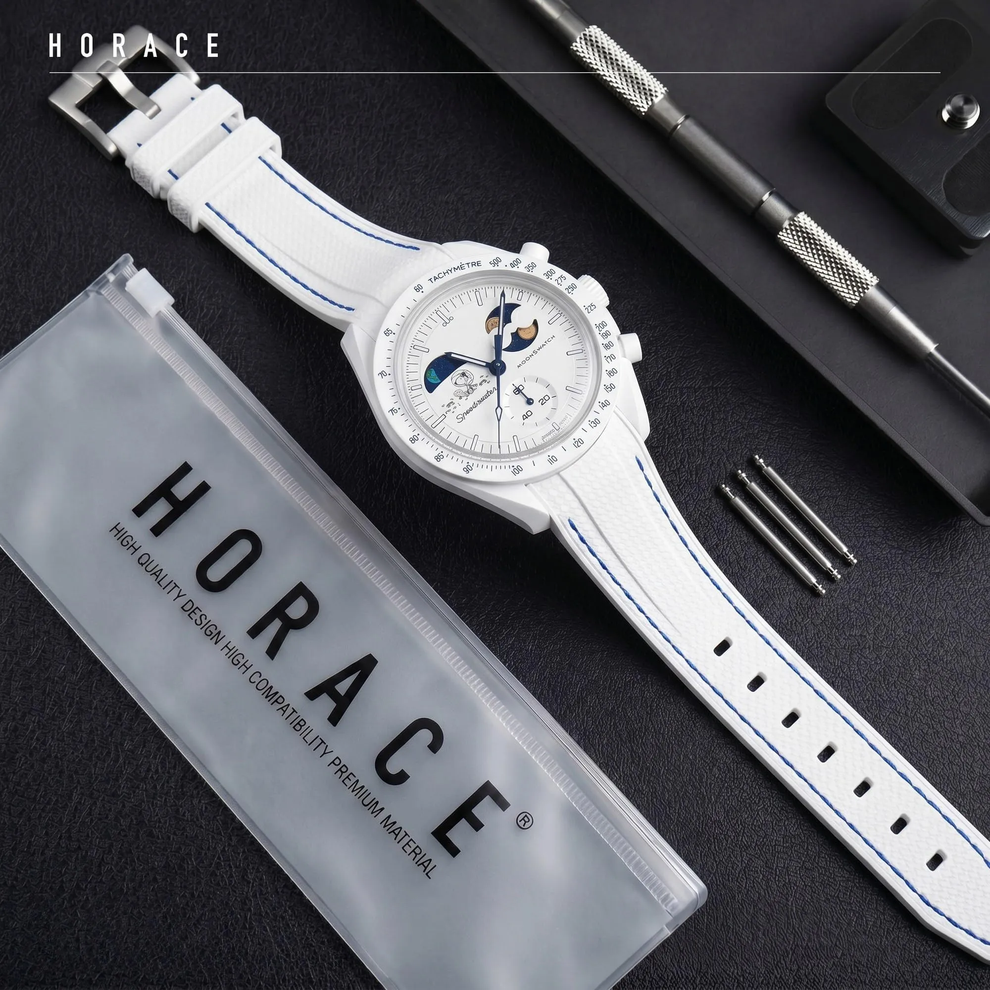 HORACE Cinturino universale per orologio in silicone liquido 20mm – Compatibile Omega x Swatch MoonSwatch – Kit di montaggio incluso (Bianco/Cuciture Blu) - immagine 3