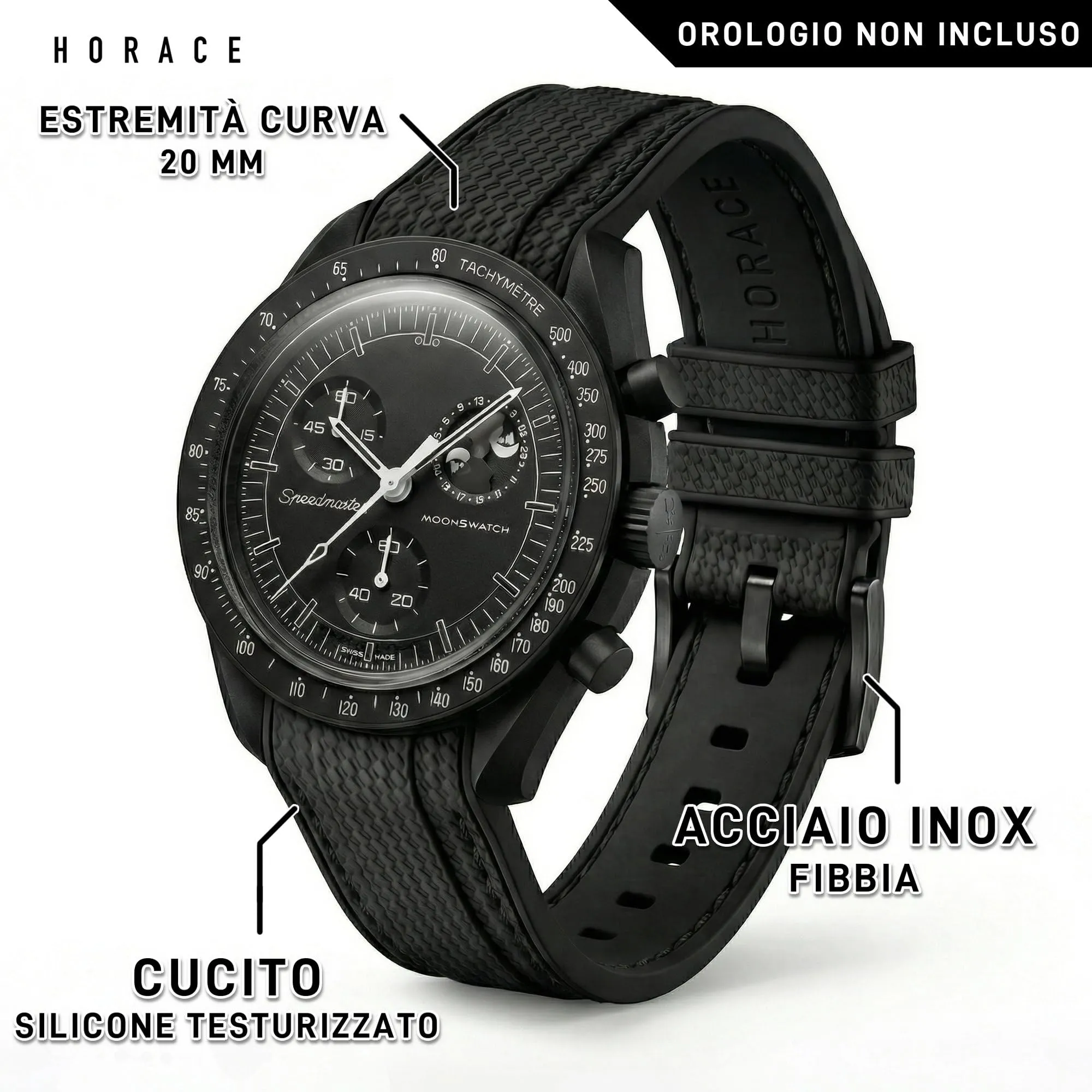 HORACE Cinturino universale per orologio in silicone liquido 20mm – Compatibile Omega x Swatch MoonSwatch – Kit di montaggio incluso (Nero/Cuciture Nere) - immagine 2