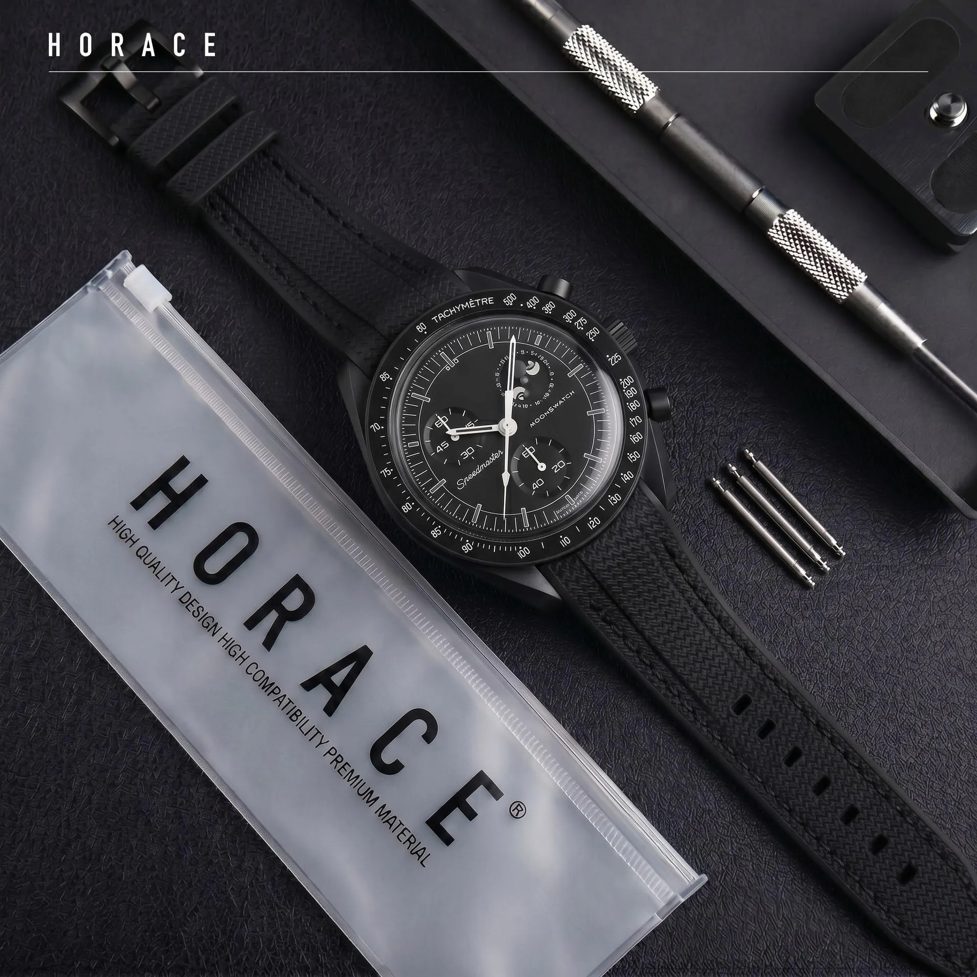 HORACE Cinturino universale per orologio in silicone liquido 20mm – Compatibile Omega x Swatch MoonSwatch – Kit di montaggio incluso (Nero/Cuciture Nere) - immagine 3