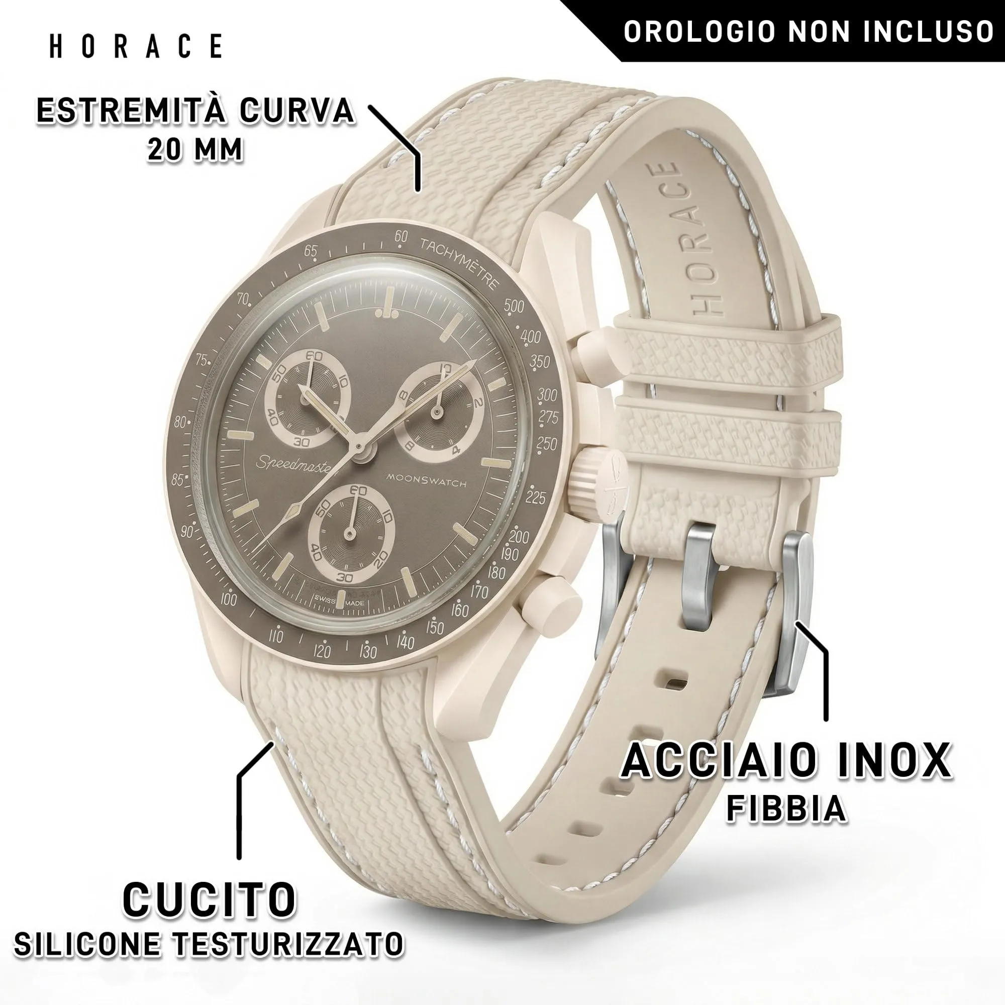 HORACE Cinturino universale per orologio in silicone liquido 20mm – Compatibile Omega x Swatch MoonSwatch – Kit di montaggio incluso (Beige/Cuciture Bianche) - immagine 2