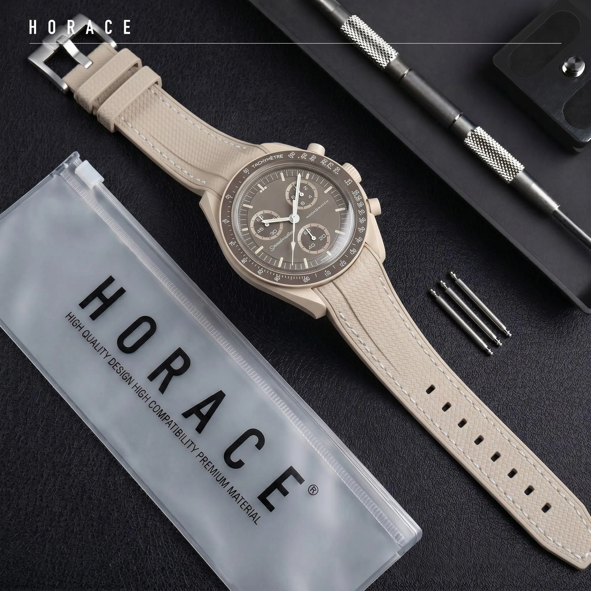 HORACE Cinturino universale per orologio in silicone liquido 20mm – Compatibile Omega x Swatch MoonSwatch – Kit di montaggio incluso (Beige/Cuciture Bianche) - immagine 3