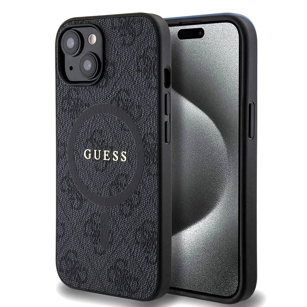 Custodia MagSafe per Apple iPhone 15, Guess, 4G Ring Classic Logo, Nera - immagine 1