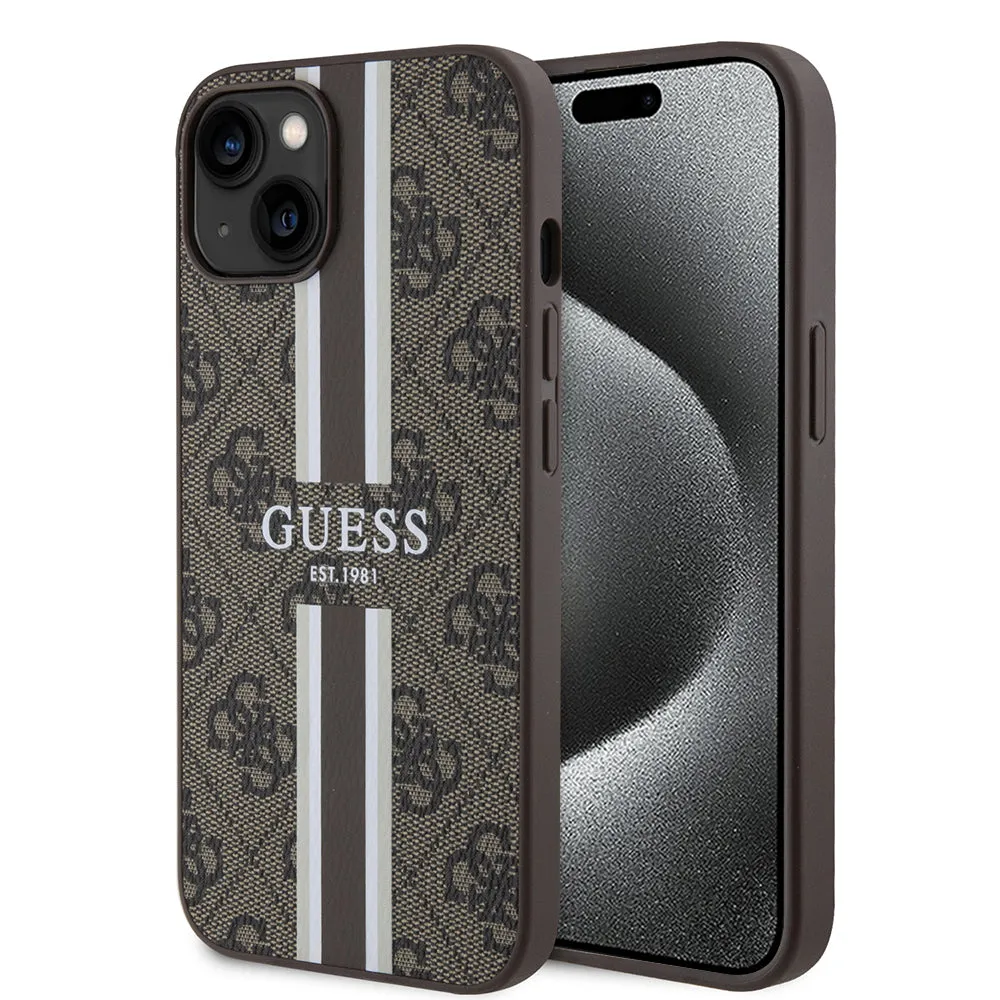 Custodia MagSafe per Apple iPhone 15, Guess, 4G Printed Stripes, Marrone - immagine 1