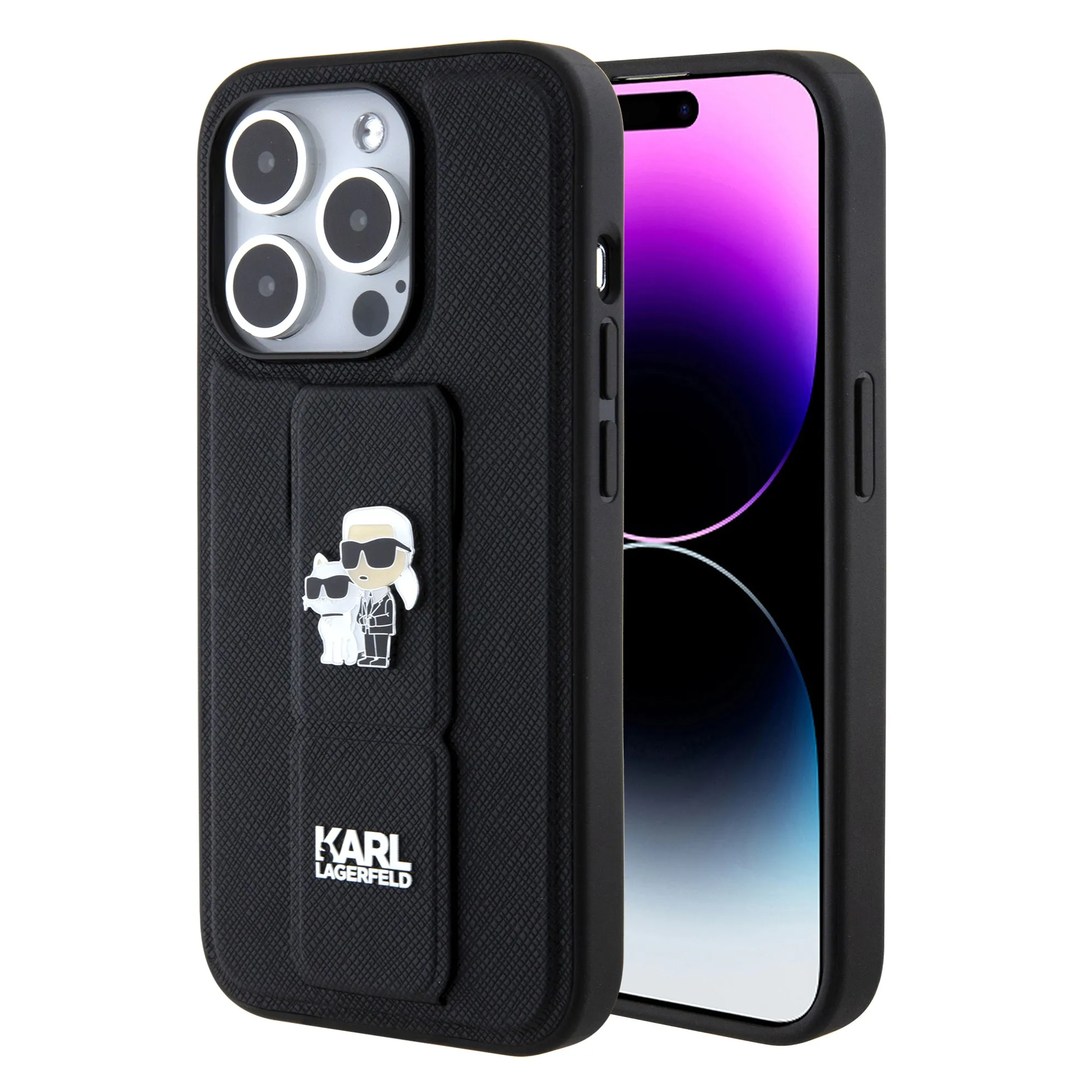 Custodia MagSafe per Apple iPhone 15 Pro, Karl Lagerfeld, Saffiano Gripstand Karl & Choupette, Nera - immagine 1