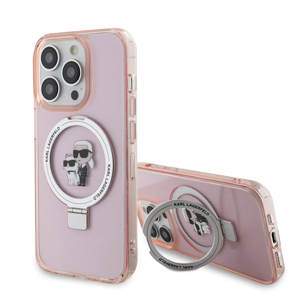 Custodia MagSafe per Apple iPhone 15 Pro, Karl Lagerfeld, Ring Stand Karl & Choupette, Rosa - immagine 1