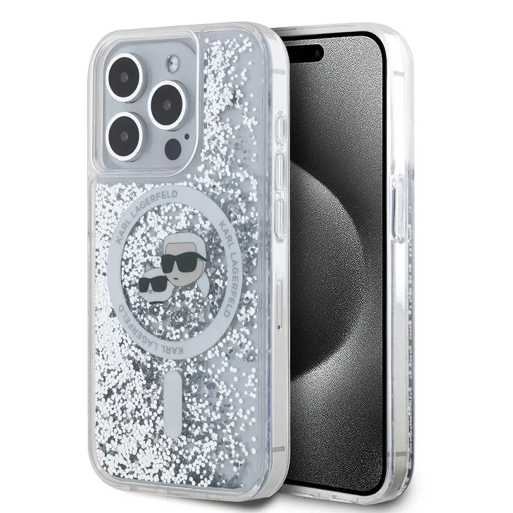 Custodia MagSafe per Apple iPhone 15 Pro, Karl Lagerfeld, Liquid Glitter Karl & Choupette's Heads, Trasparente - immagine 1