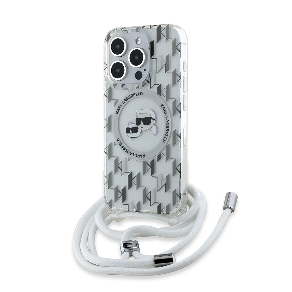 Custodia MagSafe per Apple iPhone 15 Pro, Karl Lagerfeld, IML Crossbody Monogram Karl & Choupette's Heads, Trasparente - immagine 1