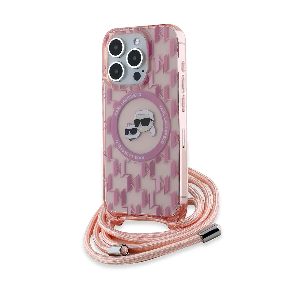 Custodia MagSafe per Apple iPhone 15 Pro, Karl Lagerfeld, IML Crossbody Monogramma Karl & Choupette's Heads, Rosa - immagine 1
